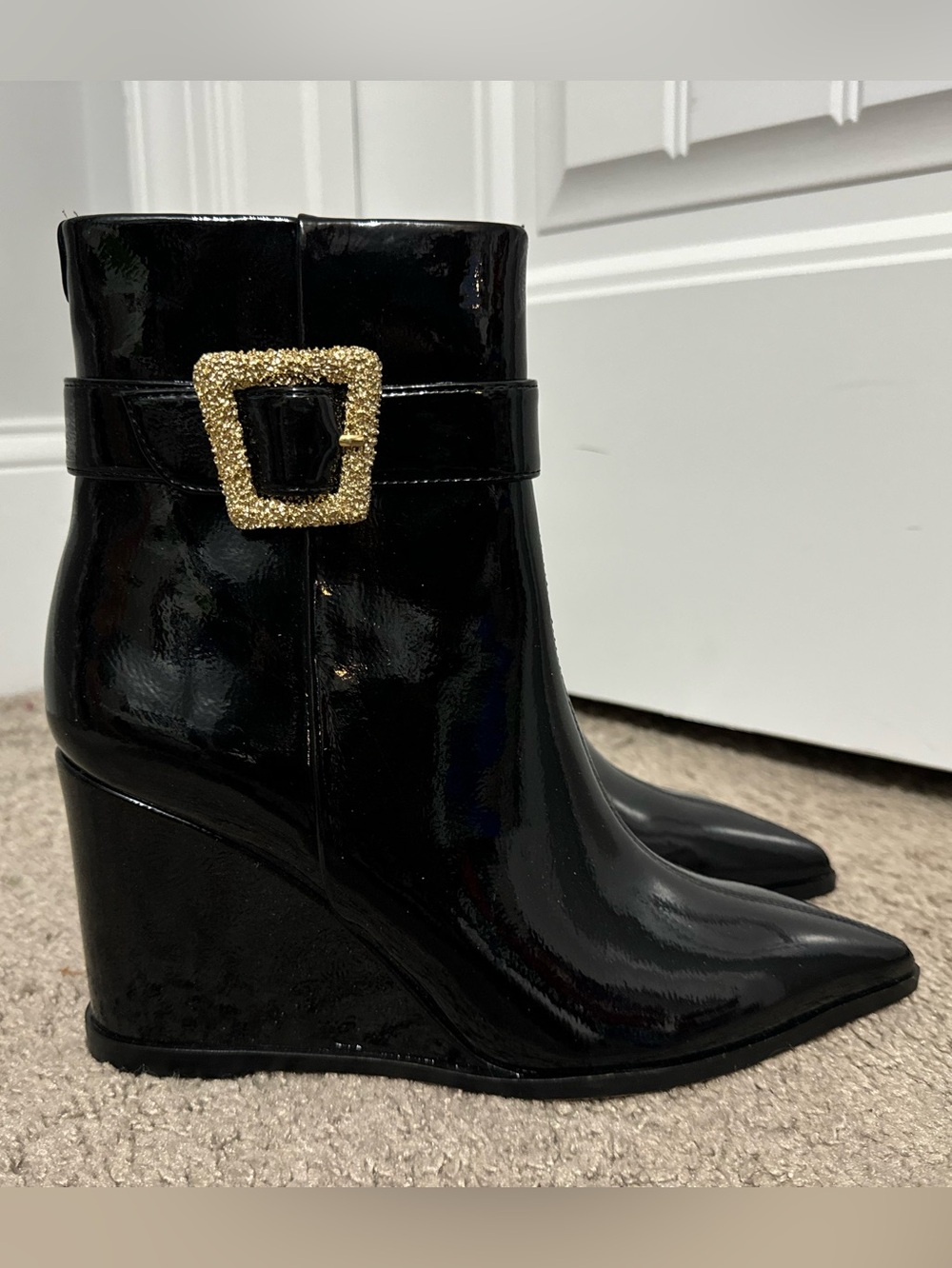 Pretty Sam Edelman size 7 black patent wedge Weslie boots gold buckle new
